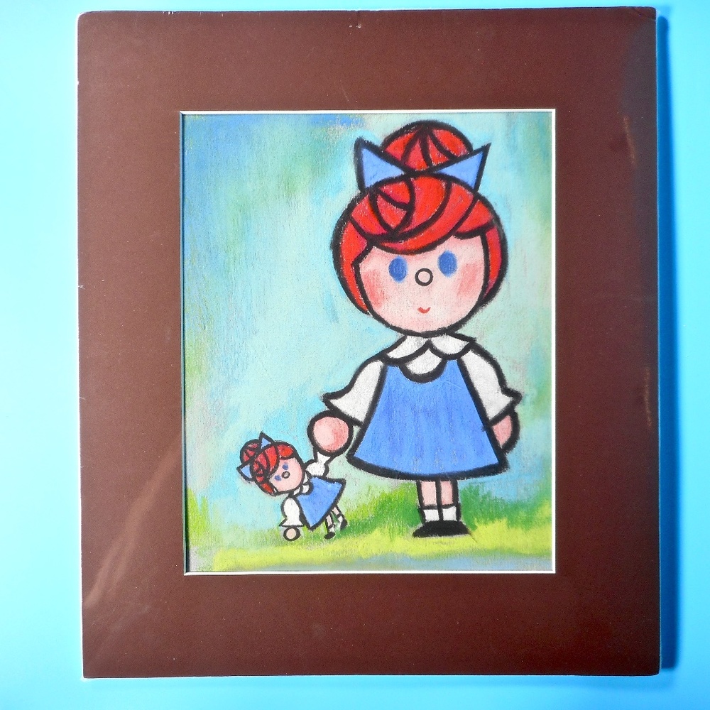 Art Print Girl with Doll Whimsical Pastels Poster Illustration Mat Board SEALED